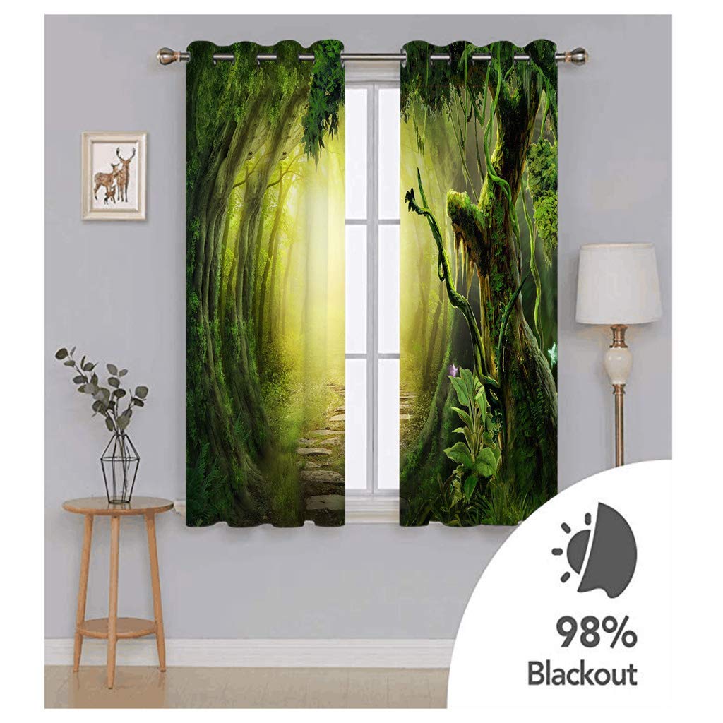 Cortinas Niño Niña Habitacion Opacas Con Ojales 2 Piezas 3D Sendero Del Bosque Verde Patrón 264X214Cm（An X Al）Cortinas Termicas Aislantes Frio Y Calor Salón Dormitorio Ventana Decoración Hogar