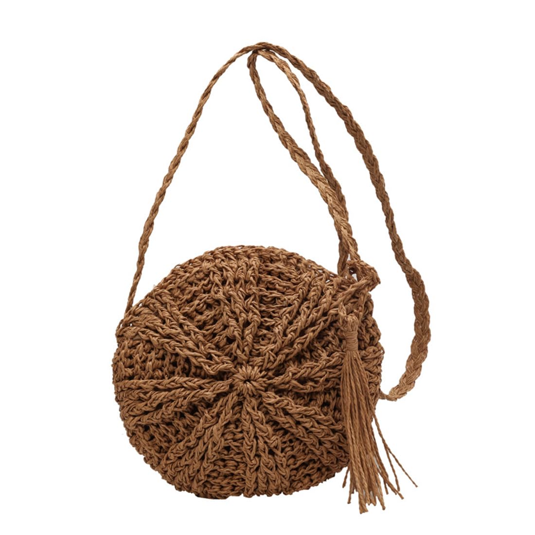 DUOYIJIN Straw Shoulder Bag for Women, Coffee Beach Crossbody Tote with Zipper Handmade Round Woven Handle Bohemian Purse Summer Tassel Outdoor Travel