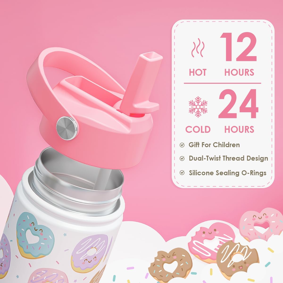 SANDJEST Donut Kids Water Bottle With Straw Lid 12oz Insulated Stainless Steel, Sprinkle Travel Tumbler, Gifts for Girls, Birthday, Christmas, Back To School - Image 3