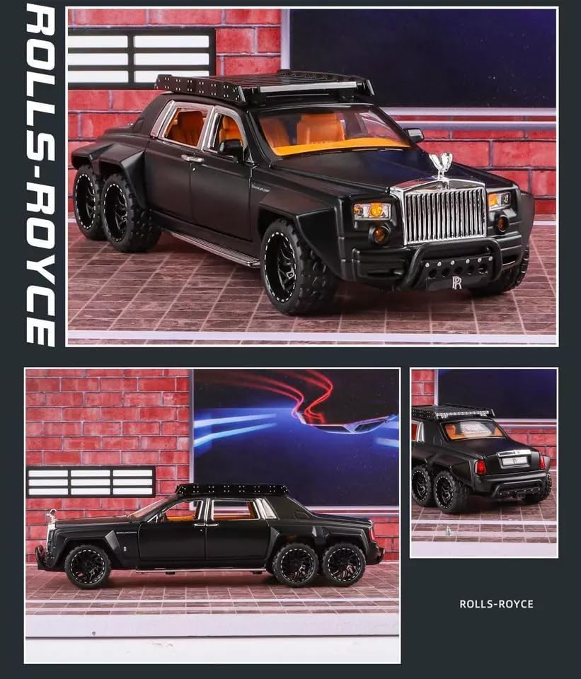 Image of 1:32 Rolls-Royce Phantom 6x6 Alloy Pickup Diecast Model Car Sound & Light Diecast Model Car Vehicle for Kids Best Gift Toy (1:32 Rolls-Royce Phantom 6x6 - Black)
