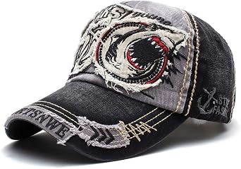 Elwow Mens Oilcloth Front Decor Washed Distressed Embroidery Baseball Cap Driver Trucker Hat with Eagle & Shark Patch