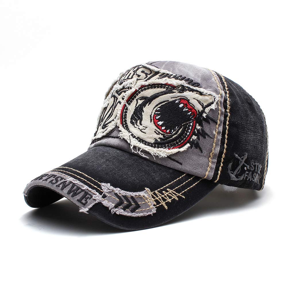 Elwow Men's Oilcloth Front Decor Washed Distressed Embroidery Baseball Cap Driver Trucker Hat with Eagle & Shark Patch(Shark Black)