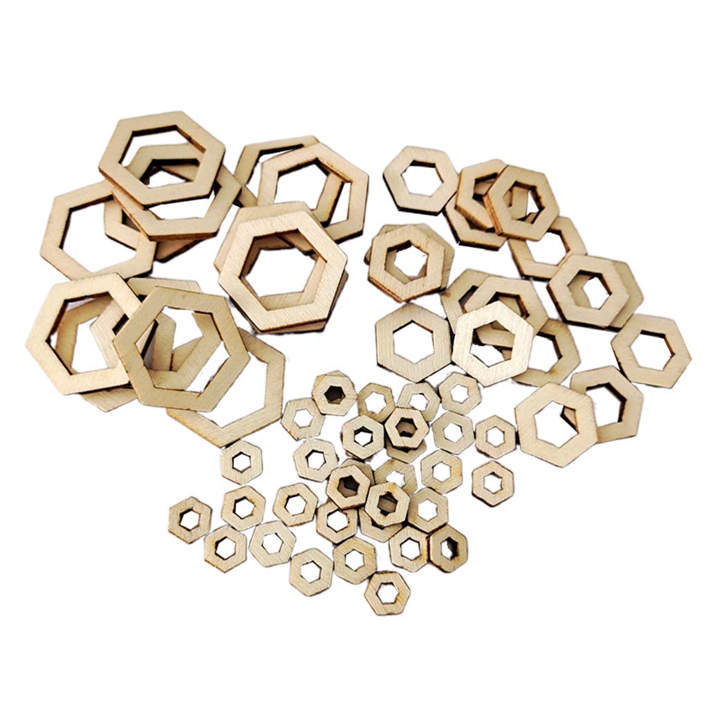 freneci 100Pcs Blank Wood Pieces Square Flowers Hexagon Hollow Unfinished Wooden Cutouts Embellishments for DIY Arts Craft Project, Picture Photo Frame Decor - Hexagon - Image 3