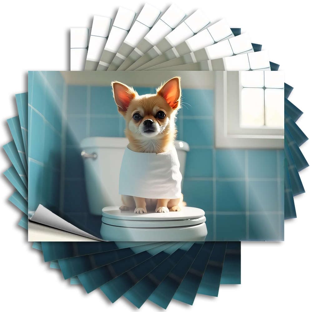 A Dog Wearing A Towel Sits On A Toilet Space Room Decor Drinking DIY | Winter Decal Bottle Removable Vinyl Sticker Decal(8X12CM)