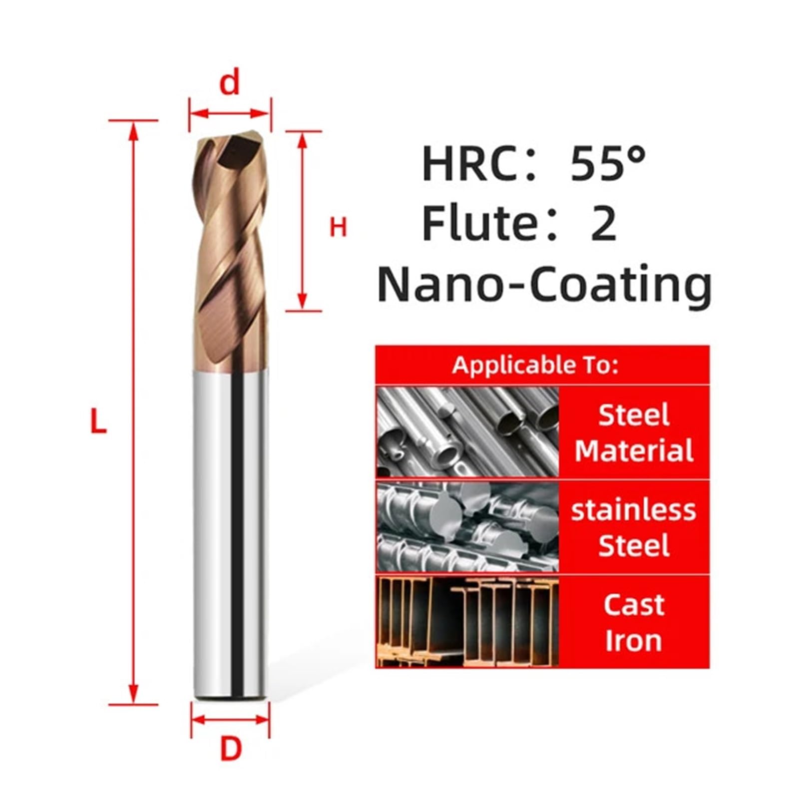 Fresa de extremo de carburo HRC55, 1, 3, 4, 5, 6, 8, 10, 12mm, 2 flautas, herramienta de corte de fresado de Metal, fresas planas con recubrimiento mecanizado CNC(D5xD5x50L)