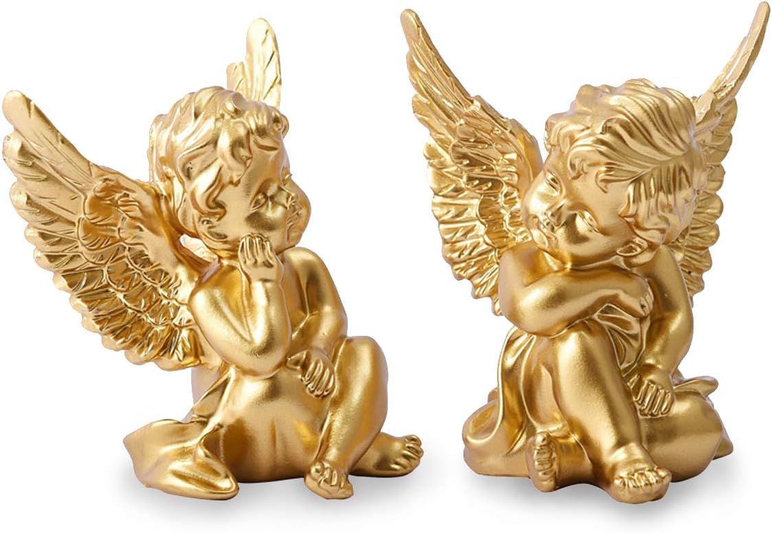 OwMell Set of 2 Gold Cherub Angel Resin Statues 4" - Adorable Guardian Angels for Home Decor, Memorial Gifts, Spiritual Consolation