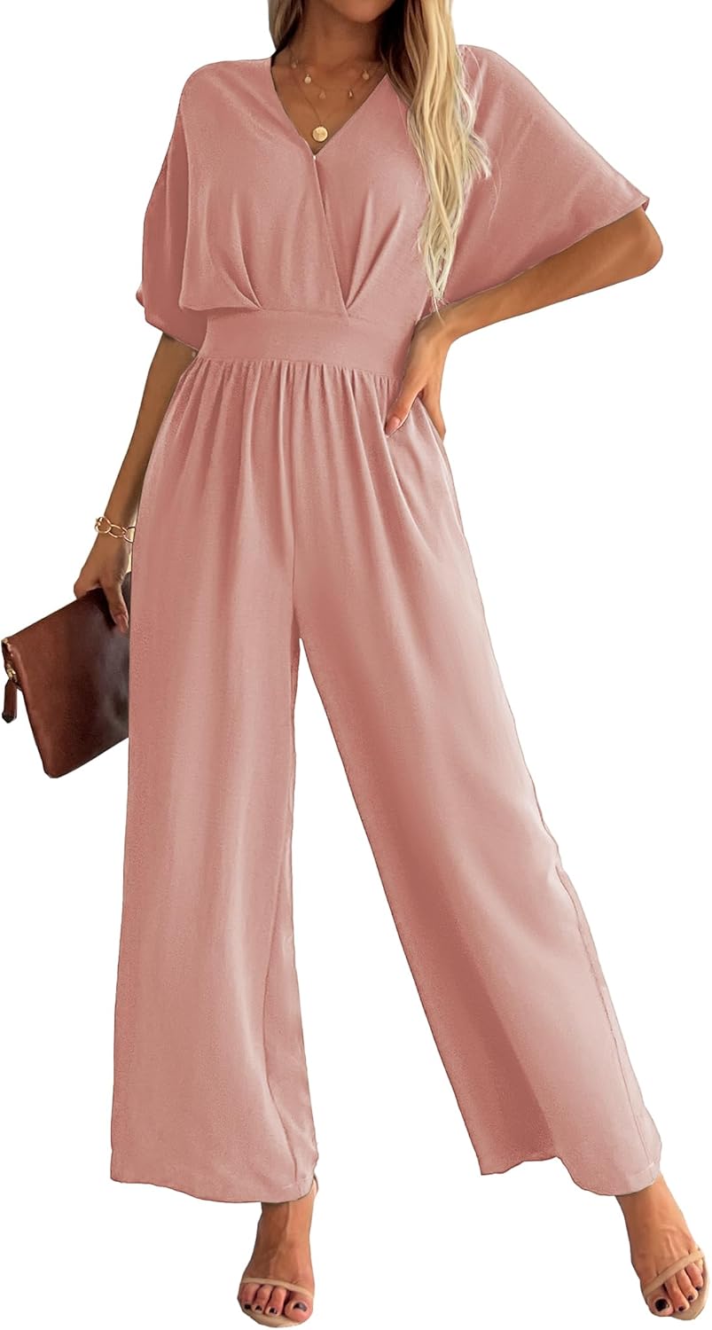 Womens Jumpsuits Dressy Wide Leg Pant Jumpsuit V Neck Short Sleeve Casual Wedding Party Long Romper Deep Pink XXL