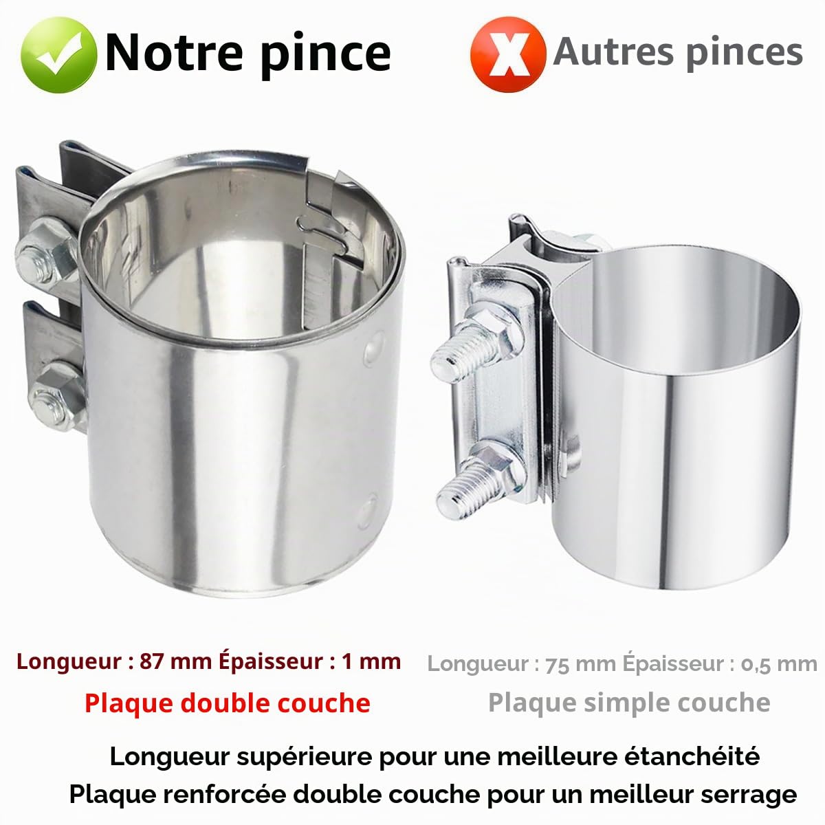 Connecteur de Tuyau Collier D'échappement 50mm Bande Tuyau D'échappement Acier Inoxydable Collier de Serrage Double D'échappement Manchon Raccord Longueur 87mm