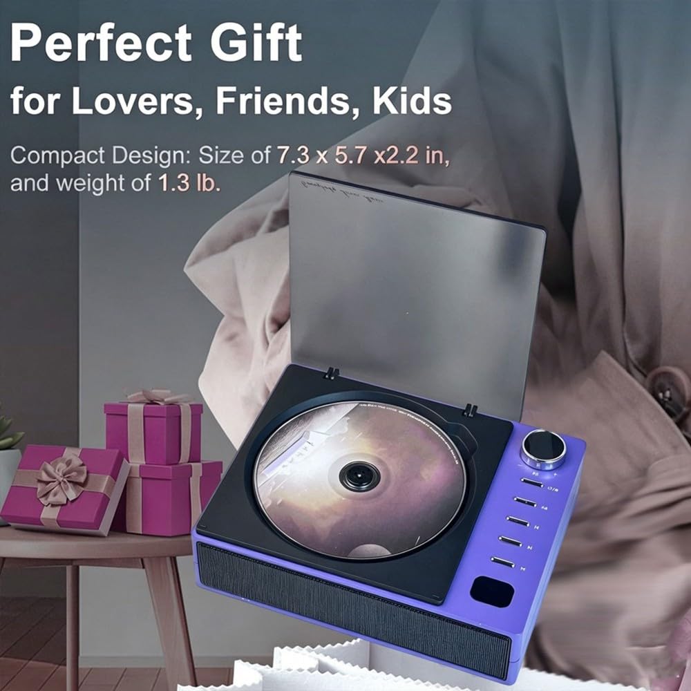Reproductor de CD Personal de Escritorio Compacto y Retro con Altavoces Bluetooth Recargable para Regalo.