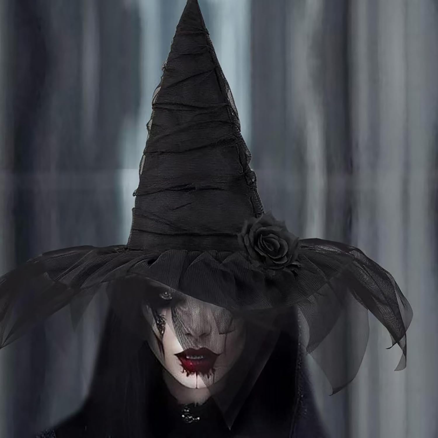 Halloween Witch Hat, Ruched Witches Hats for Women with Veil and Rose Wizard Hats Halloween Costume Accessories - Image 7