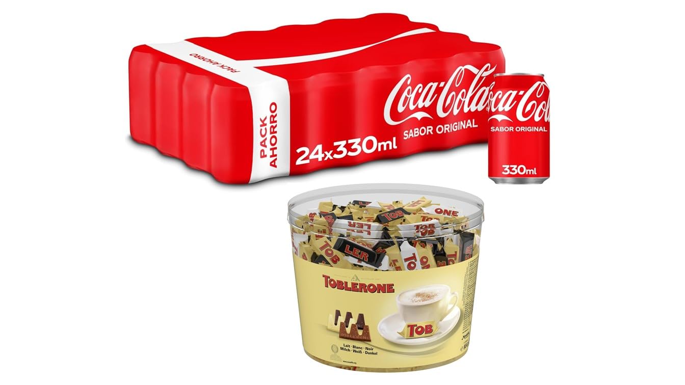 Coca-Cola Sabor Original, Pack de 24 latas de 330ml + Toblerone Surtido de Mini Chocolate Suizo Mix de Sabores: 904g