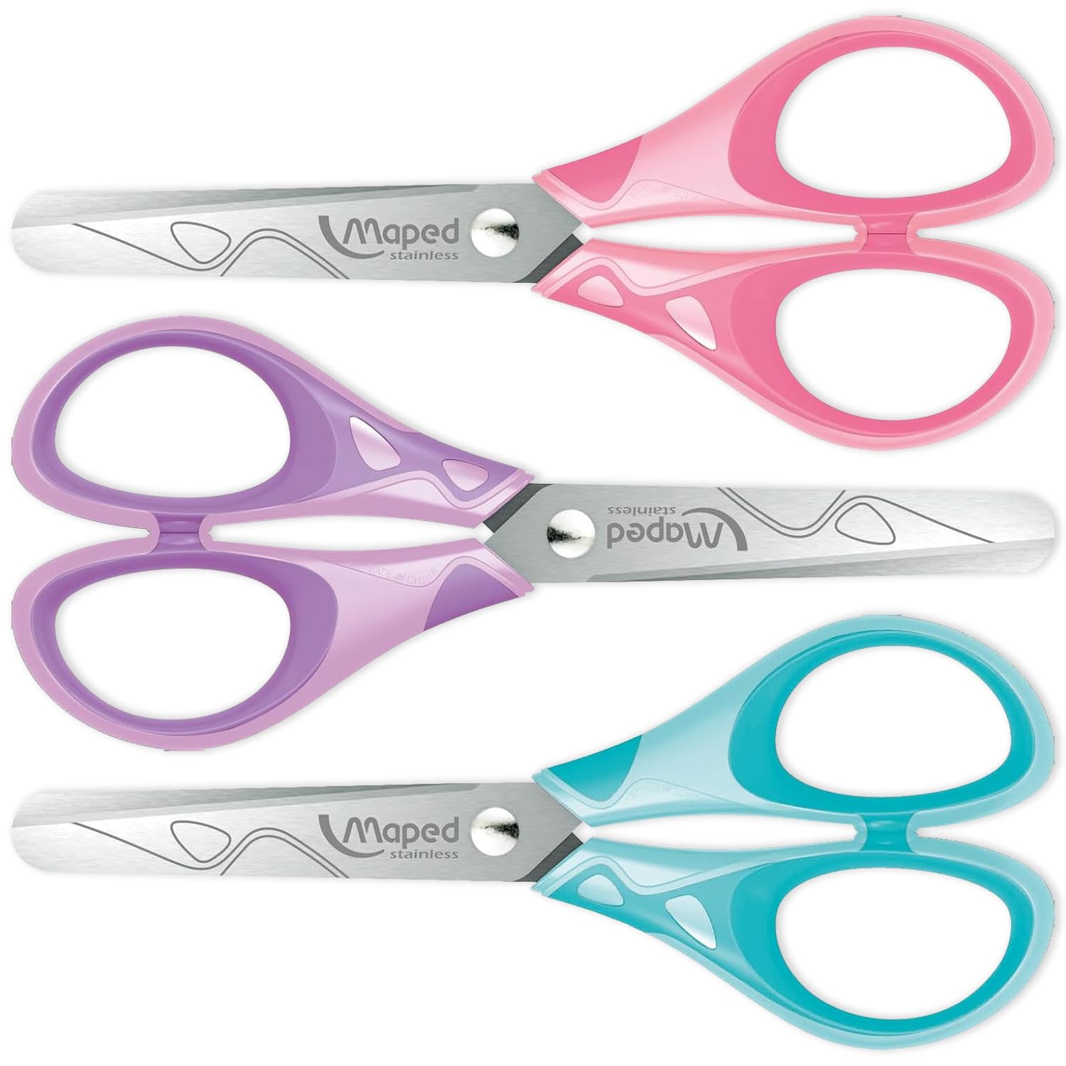 Maped Pastel Essentials 13cm Saety Scissors, Pink, Purple, Blue, Pack of 3
