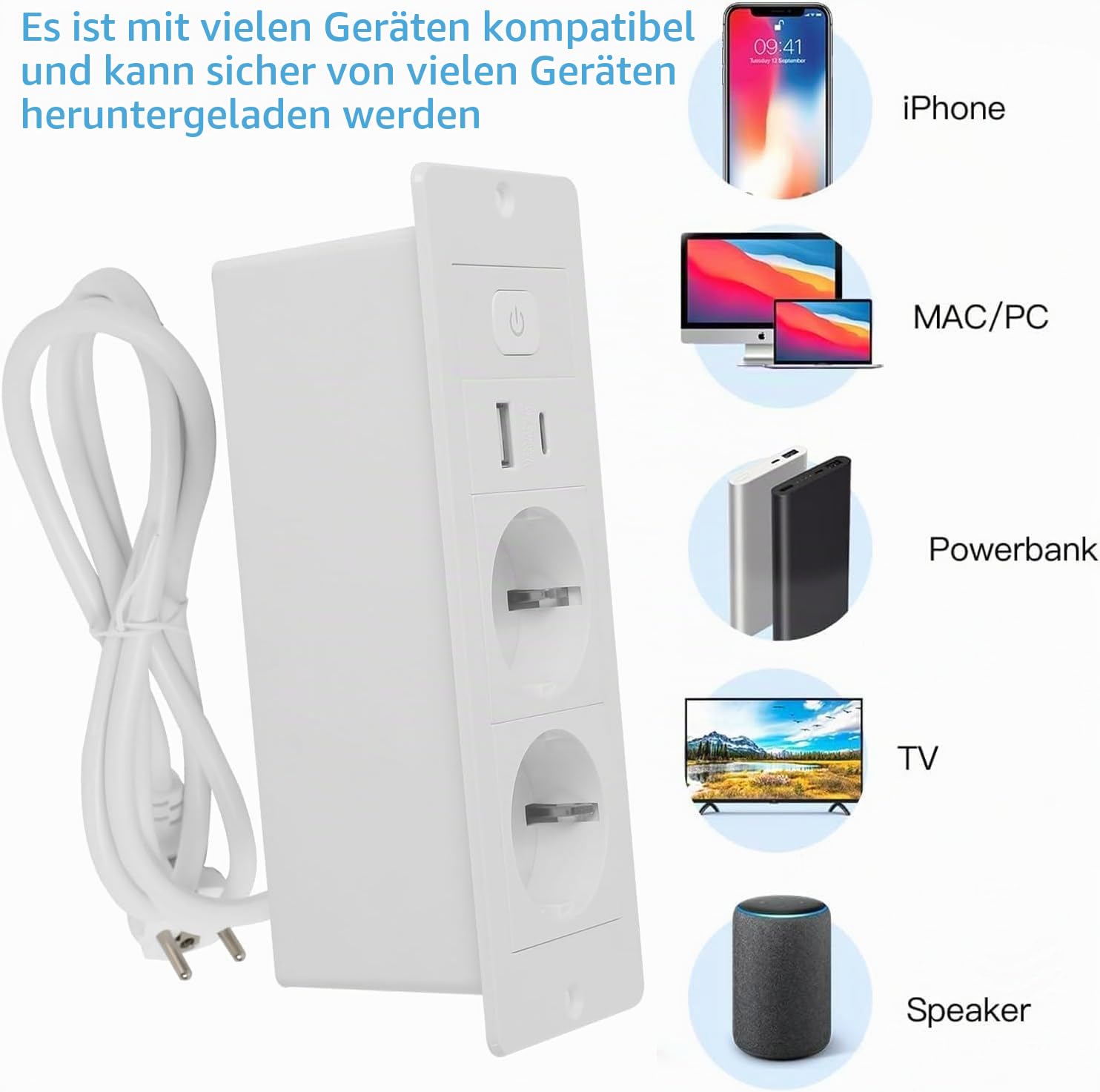 Tischplatte Versenkte Steckdose, 2-Fach Tischsteckdose mit USB & Typ-C, 1,8M Kabel, Mehrfachsteckdose Steckdosen Unterputz Arbeitsplatte für Büro, Küche, Arbeitsplatte (2AC-Weiß)