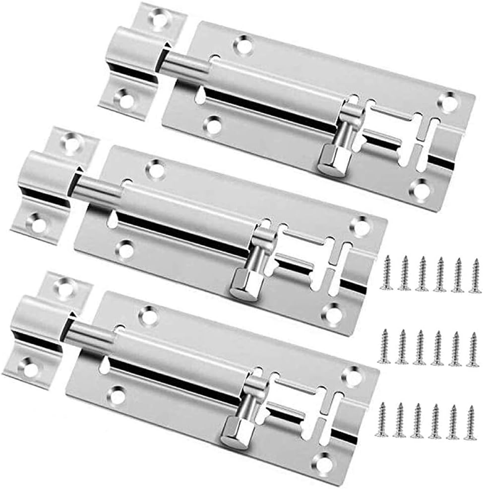 Tingz 3 Pcs Stainless Door Lock Bolts,4 Inch Barrel Bolt Security Lock