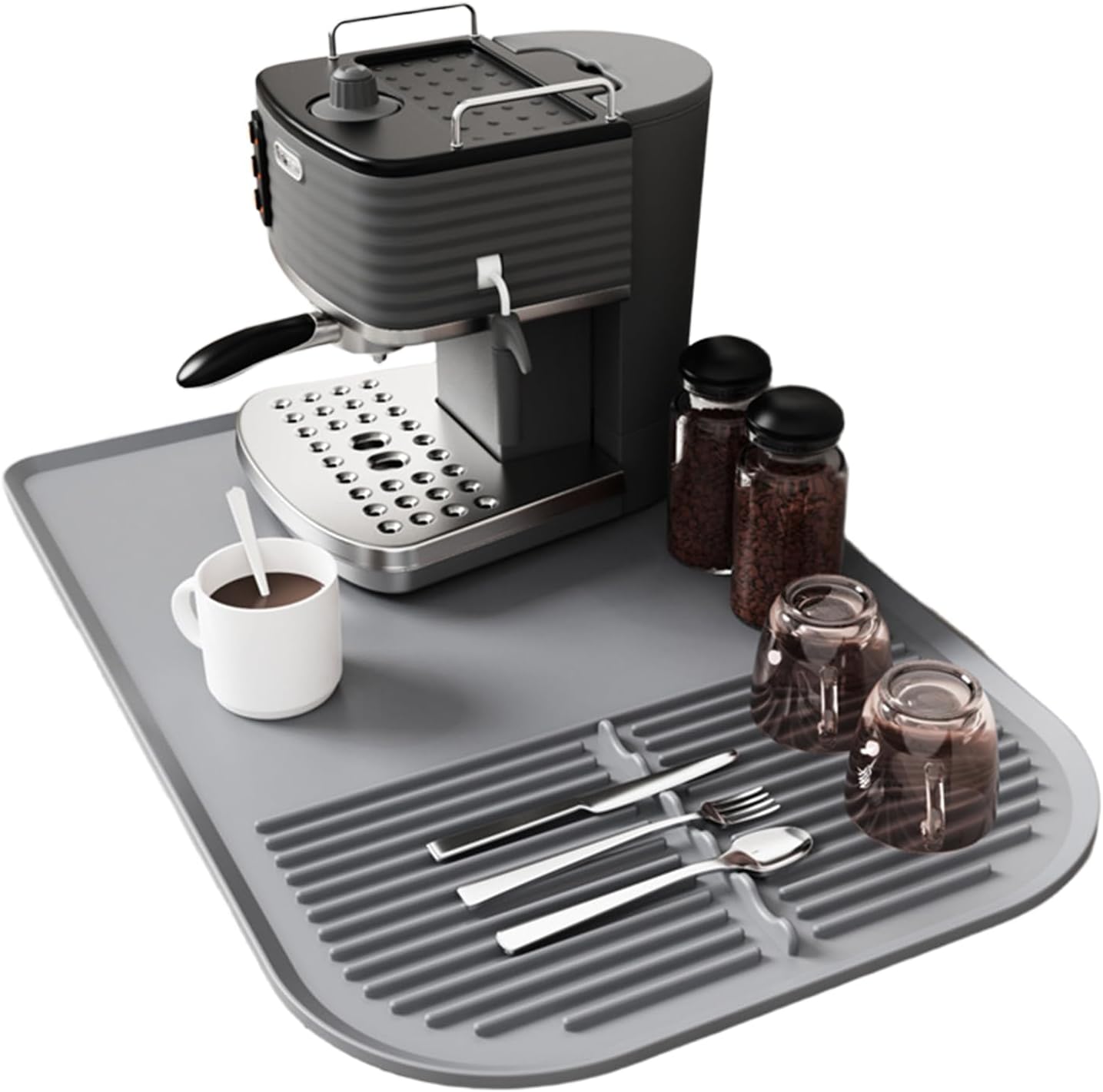 Silicone Coffee Mat with Raised Edges, 24'‘ x 16’', Bar Mat for Countertops, Anti-Slip, Heat-Resistant Pad for Espresso Machines, Dish Drying Mat, Dinner Plates, Ice Cream Machines (BLACK)
