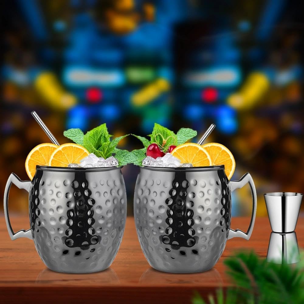 Moscow Mule Mugs Set of 2 Large Lined Mascow Mule Cups Set 18oz Black Plated Stainless Steel Mugs Bulk Food Safe Hammered Mug for Chilled Cold Drinks Home Bar Drinkware Bareware (2 Packs Black)