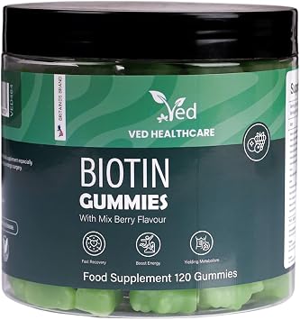 VED Biotin Gummies 5000mcg   120 Vegan Gummies with 7 Essential Vitamins, Natural Mixed Berry Flavor   Hair, Skin & Nail Support   Non-GMO, Gluten-Free, Vegetarian, 2 Month Supply.