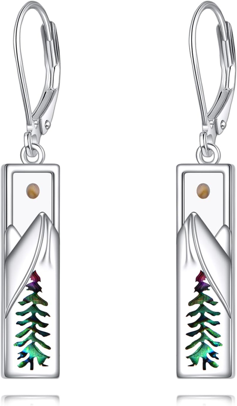 YFN Mountain Earrings 925 Sterling Silver Abalone Dangle Drop Mountain Jewelry Gift for Skiers, Hikers, Campers, Climbers and Nature Lovers