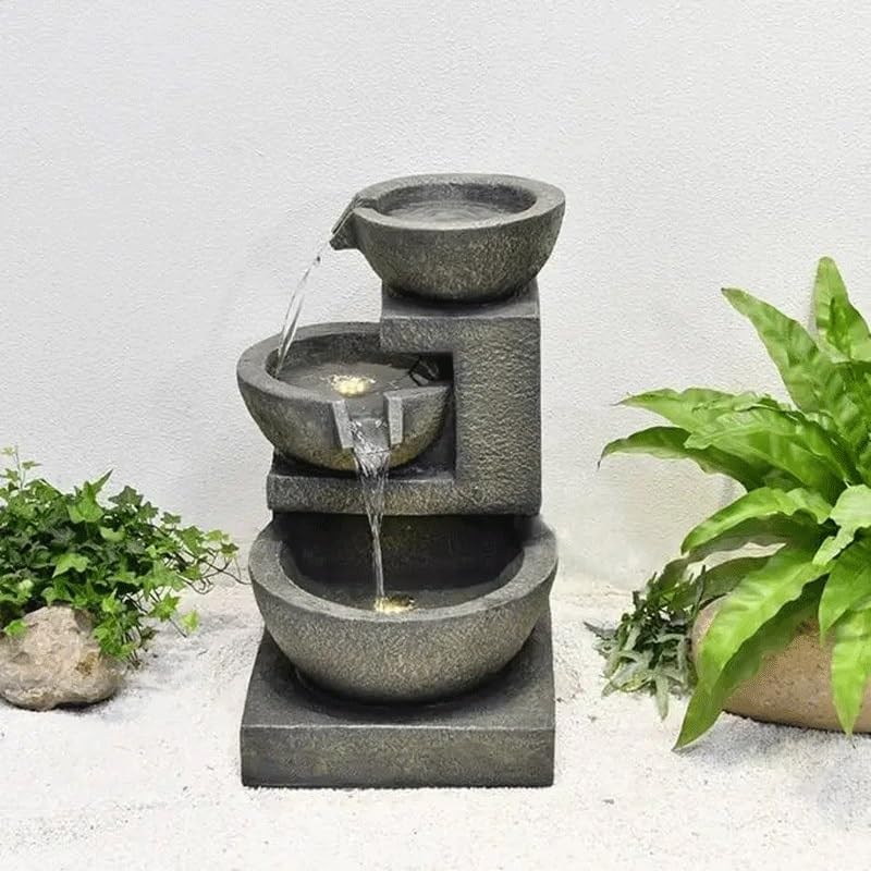 FMURY Outdoor Fountain with Stacked Stone Look Bowls, Cascading Waterfall Home Art Decor