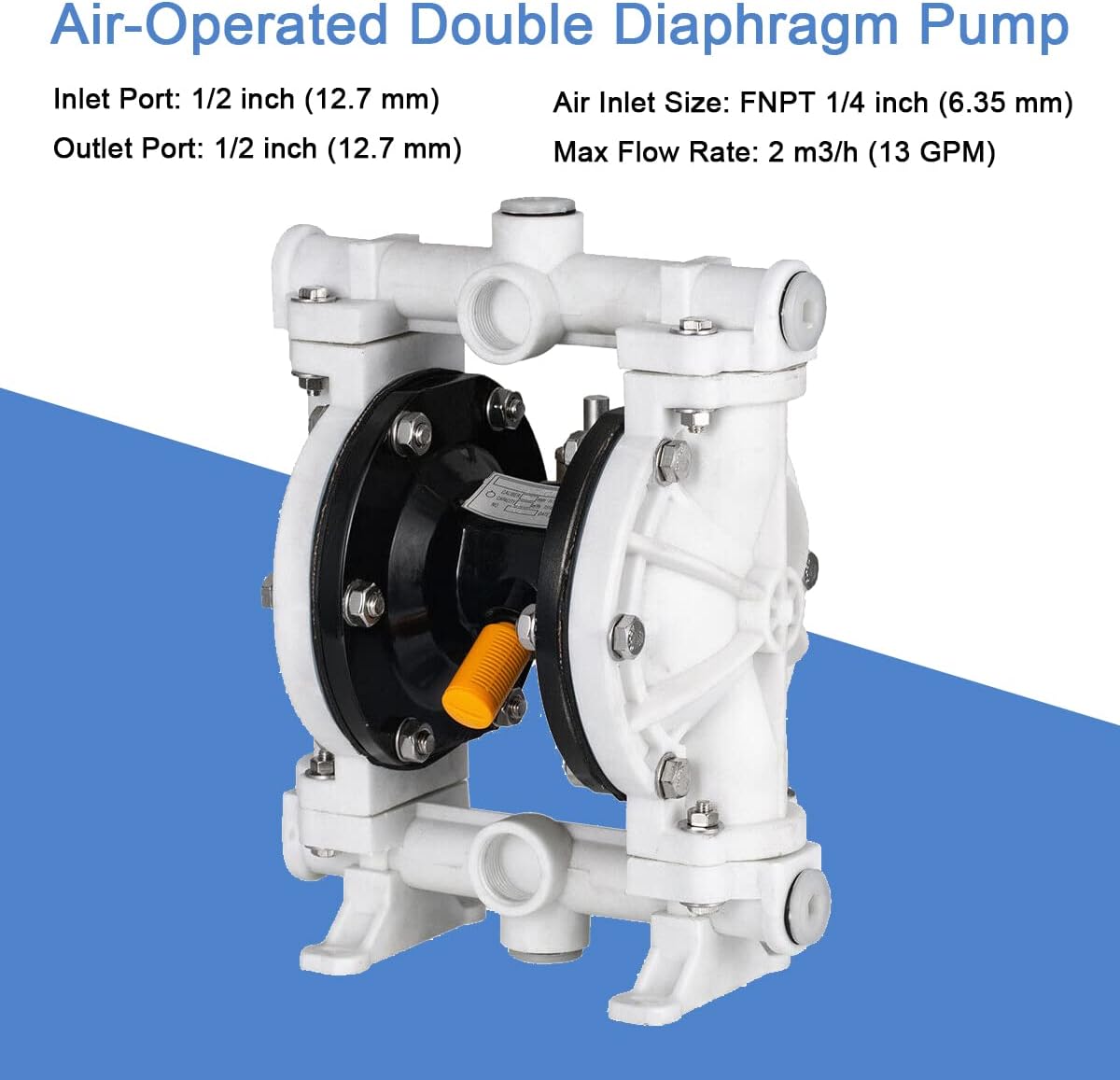 Air Operated Double Diaphragm Pump QBY-15PP, 1/2 inch Outlet Inlet 13 GPM Pneumatic Transfer Pump 100 PSI Industrial Pump Pneumatic Double Diaphragm Pump for Chemical Waste Oil, Polypropylene