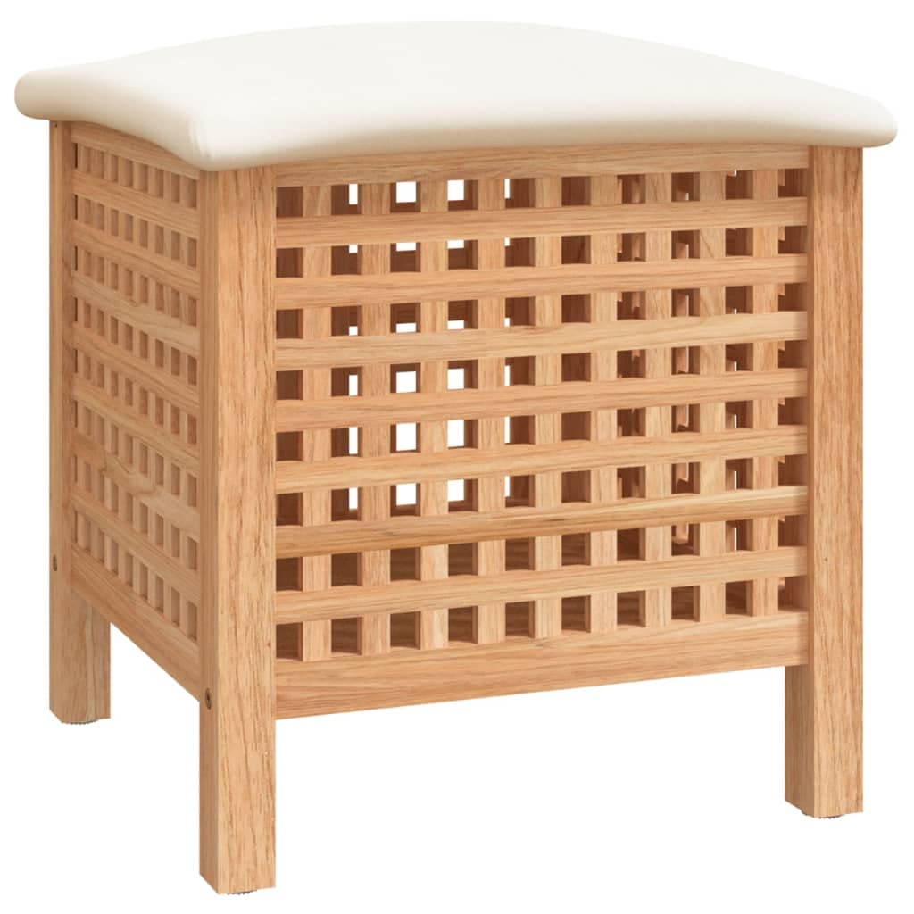 Taburete de baño de madera maciza de nogal con espacio de almacenamiento y cojín, 48 x 47,5 x 52 cm, asiento 2 en 1 y cesta para la ropa sucia con ventilación