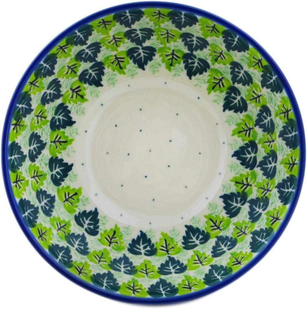 Polmedia Polish Pottery Bowl 6-inch - Leaves Of Green Pattern Handmade in Boleslawiec Poland by Ceramika Artystyczna + Certificate of Authenticity