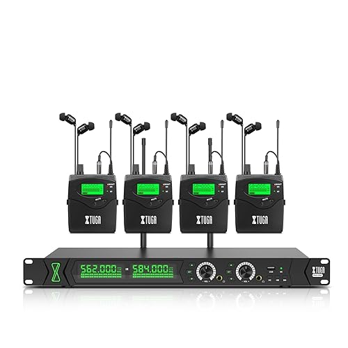 XTUGA RW2090 Wireless in Ear Monitor System, Mono IEM Monitoring with 2 * 100 Frequencies, 230ft(70m) Operation, 4 Bodypacks Receivers for Stage Performance,Studio and Band (550-599mhz)