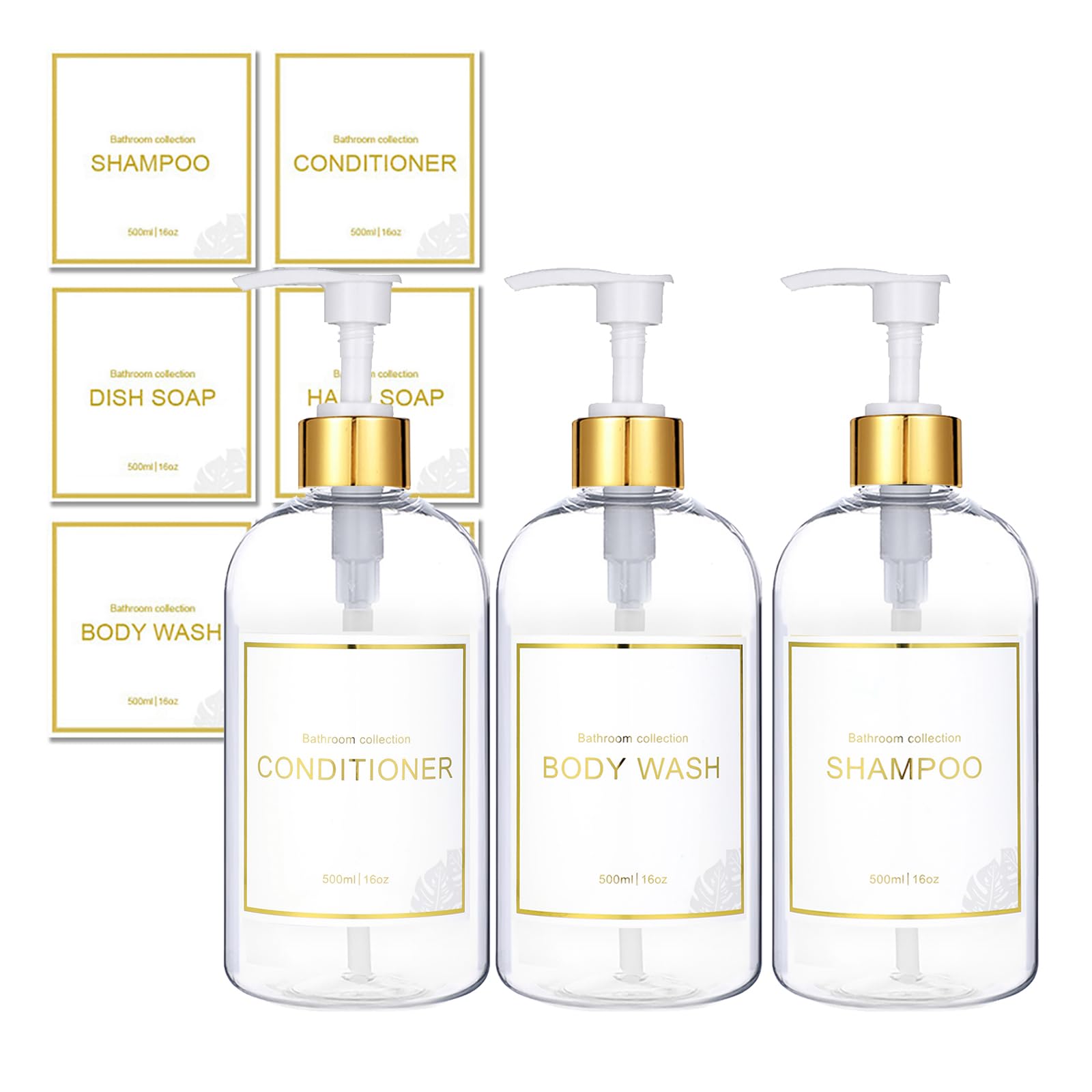 Akalin Shampoo and Conditioner Bottles 16oz, Set of 3 Pump Bottles for Shampoo and Conditioner, 3 Body Wash Dispenser, Gold Bathroom Soap Dispenser with 6 Waterproof Labels (Clear)