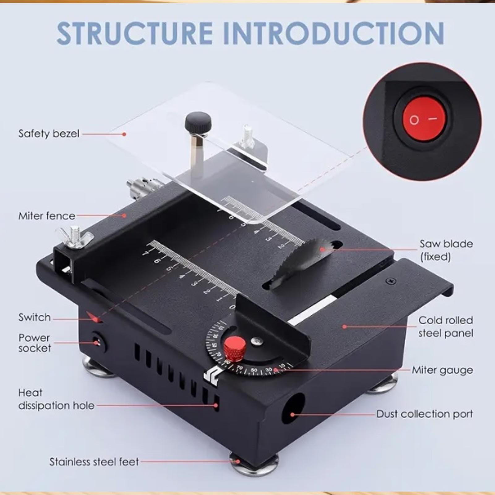 Fafeicy Mini Piła Stołowa, Wielofunkcyjna Piła Stołowa 100 W z tarczą polerską i Elastycznym Wałem, Regulacja 7 Prędkości, głębokość Cięcia 0–16 Mm, do Drewna PCB Tworzywo Akrylowe (wtyczka UE)