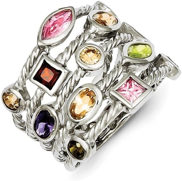 Sterling Silver Rhodium Plated Multi-Color Gem Multi-Shaped Bezel Set Gemstone 5-Strand Ring