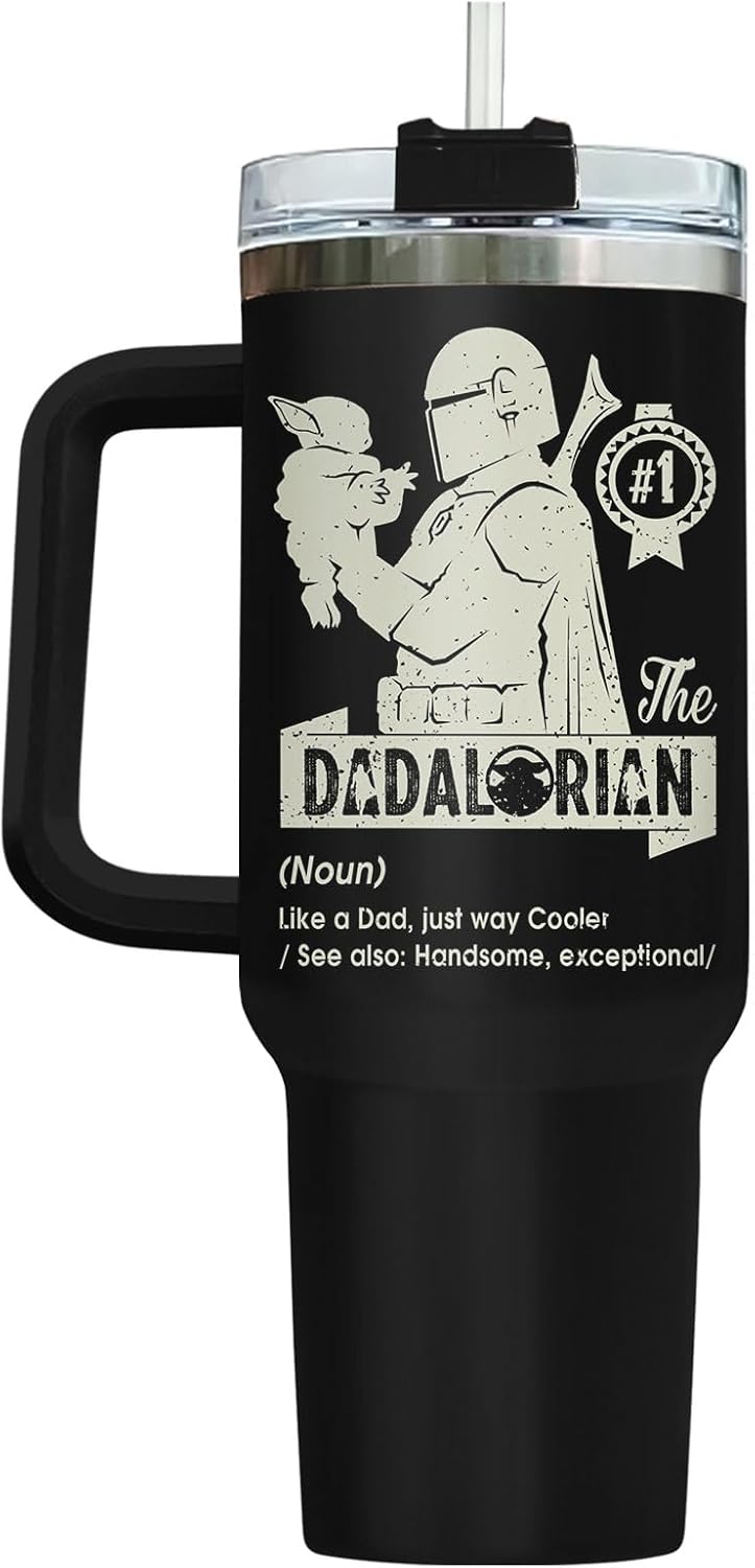 34HD Dadalorian Dad Tumbler 40oz with Handle Lid and Straw, Funny Daddy Galactic Nutrition Facts Gift, Black Stainless Steel Insulated Cup for Men, Space Theme Father’s Day Birthday Present