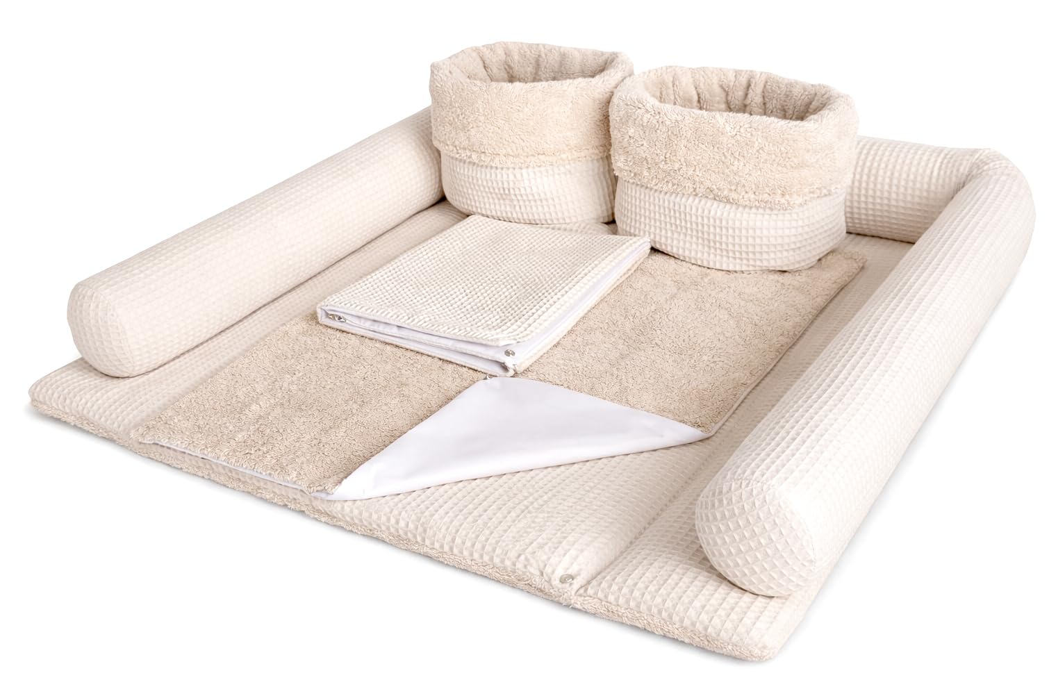 Wickelauflage Set 6-teilig – Wickelunterlage aus Waffelstoff & Frottee mit Druckknöpfen – Baby Wickelauflage – Wickeltischauflage – 85x75 cm (Breite x Tiefe), Hellbeige