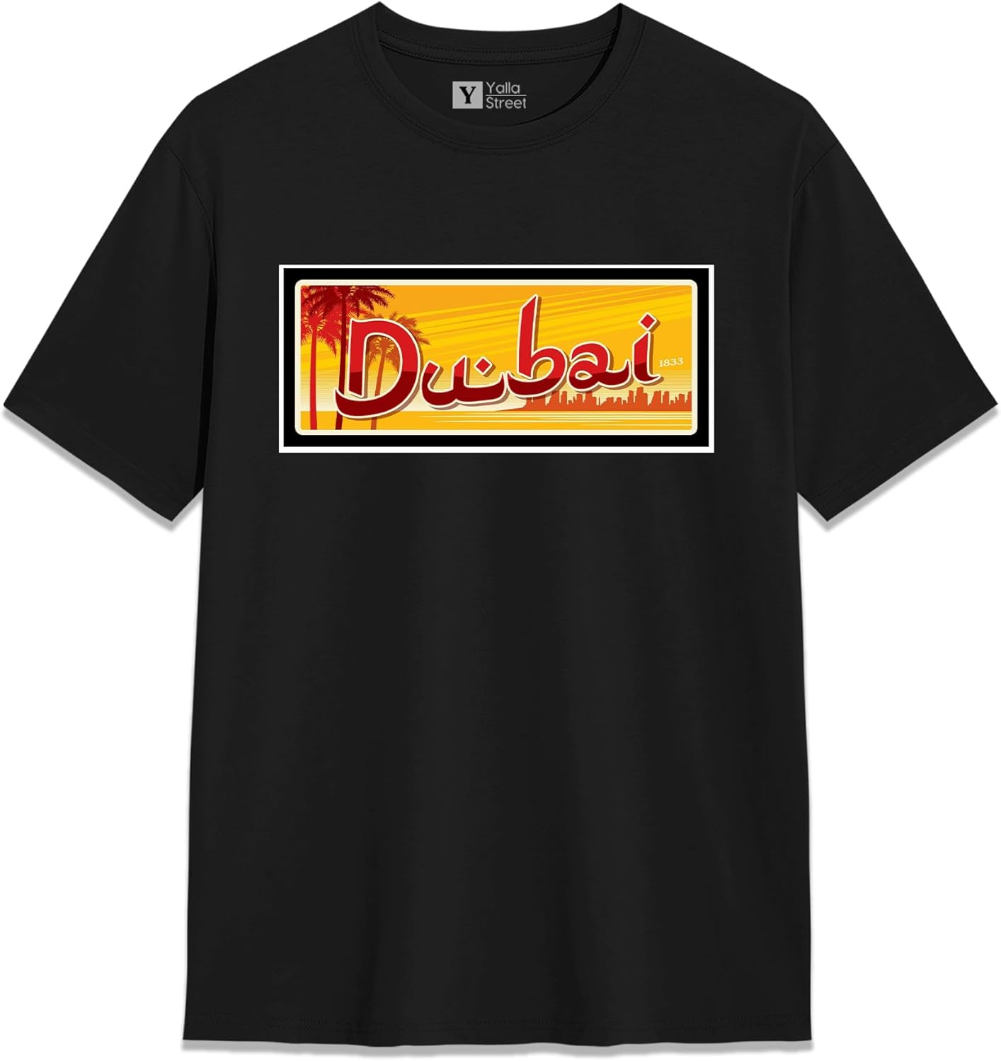 Yalla Street Dubai Sunset Plate Card Inspired T Shirt with Skyline Design for Men and Women Casual Wear