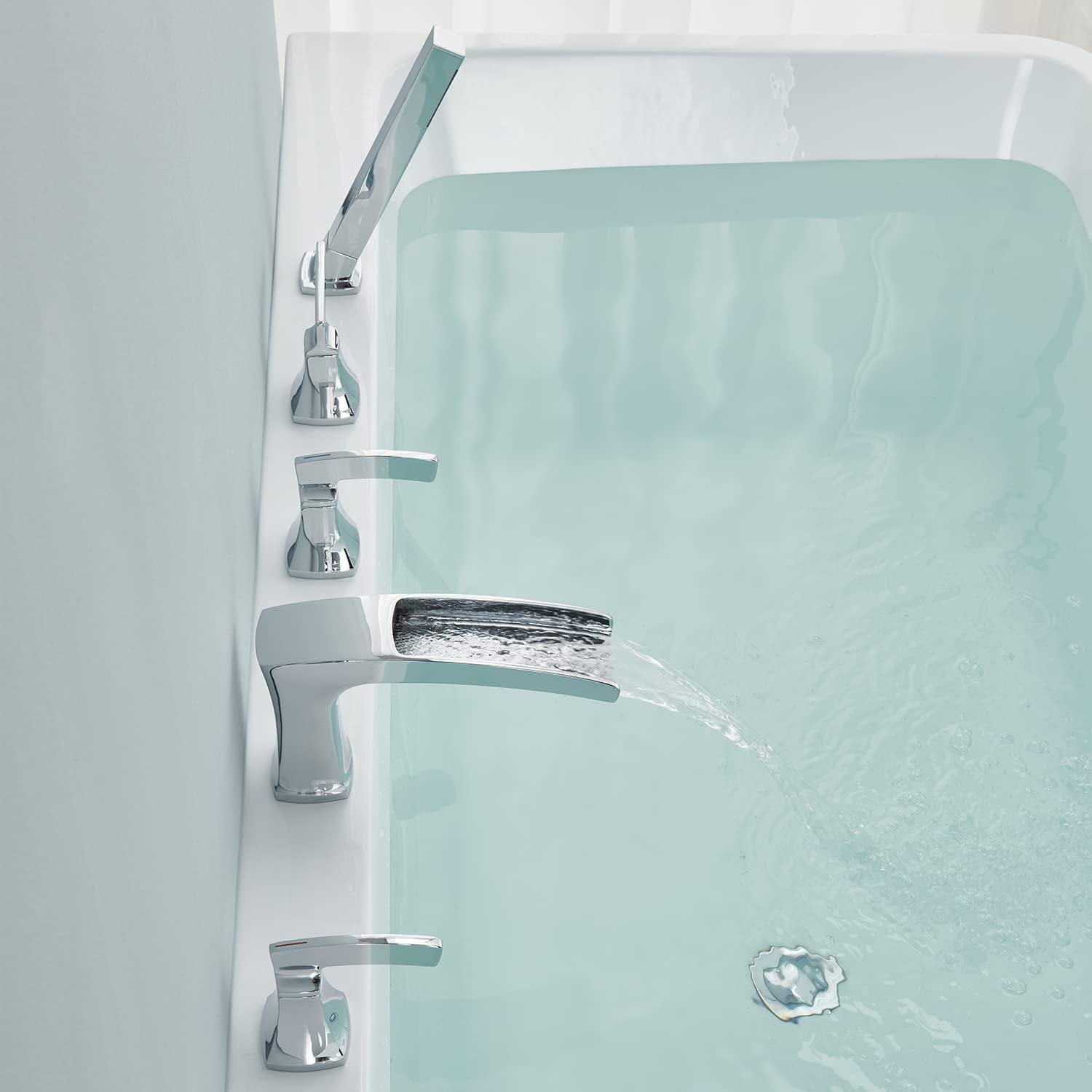 Roman Tub Filler Waterfall Tub Faucet Chrome Deck Mount Bathtub Faucets 5 Hole Brass Bathroom Faucets with Hand Shower