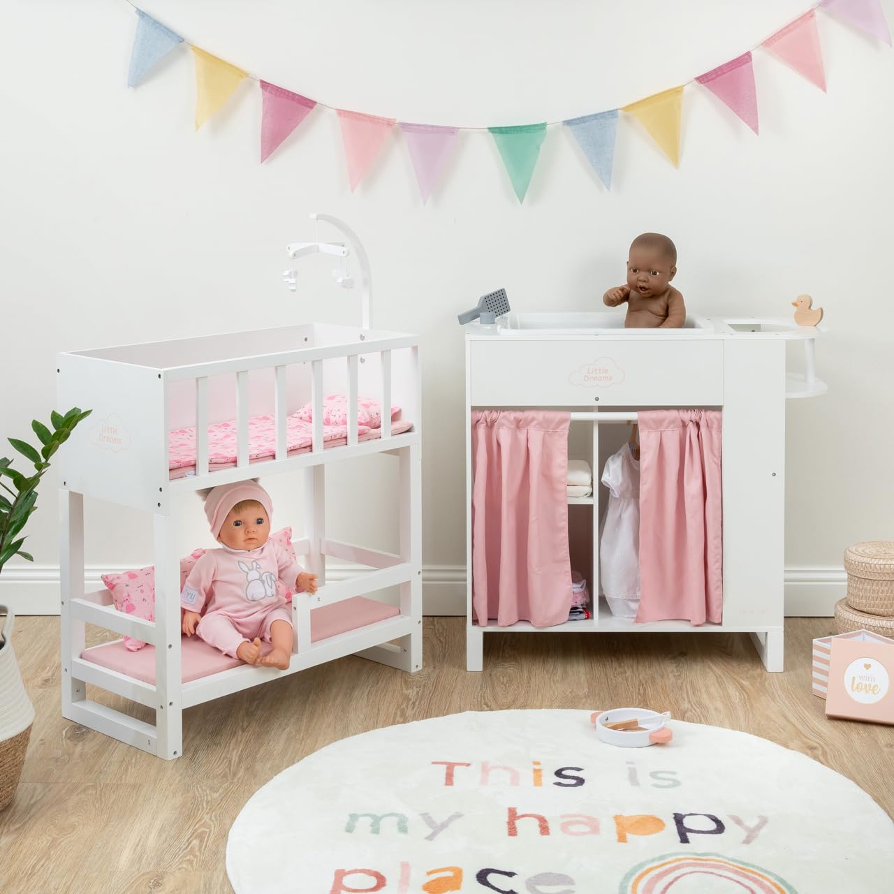 ELLA & PIET® Großes Puppenpflegecenter Nursery 6in1 aus Holz (Weiß-Rosa) Puppenbett Puppenschrank, Badewanne, Hochstuhl