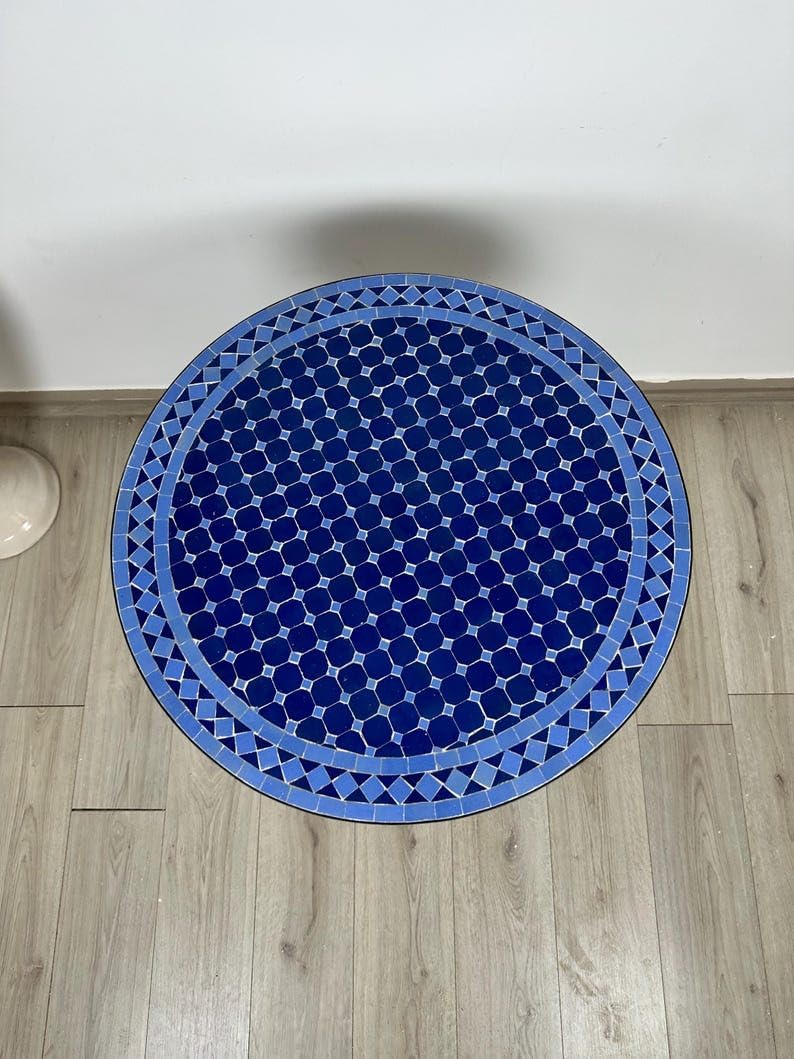direfly Handmade Zellige Tile Bistro Table – Vibrant Blue Mosaic Round Patio Table with Wrought Iron Base, Moroccan-Inspired Outdoor Garden or Balcony Centerpiece