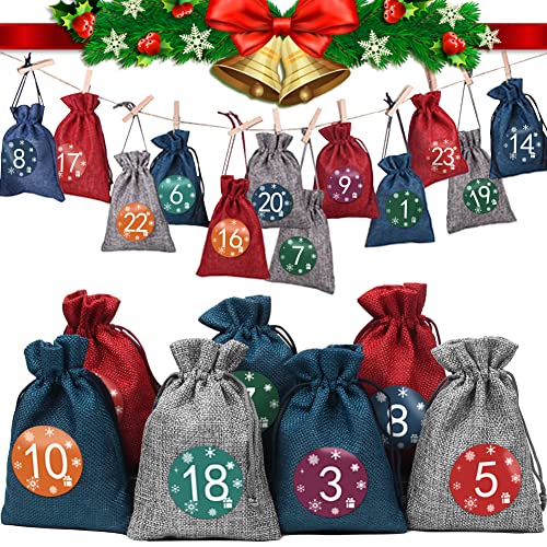 WANGIRL 24 Tüten Jutesäckchen Adventskalender zum Befüllen Stoff Groß Sackerl 18 x 13 cm DIY Säckchen Kinder Kaufen Weihnachtskalender Aufhängen Geschenktüten