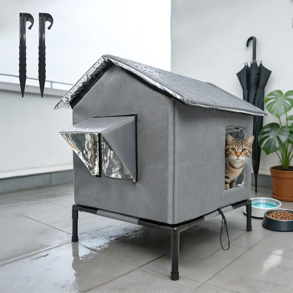 KQWVZ Outdoor Cat House, Weatherproof Cat Shelter with 12cm Elevated Floor, Waterproof & Insulated, 19.7x14.2x15.7in, Large Outside Cat House for Backyard, Patio, Balcony, Winter, Summer