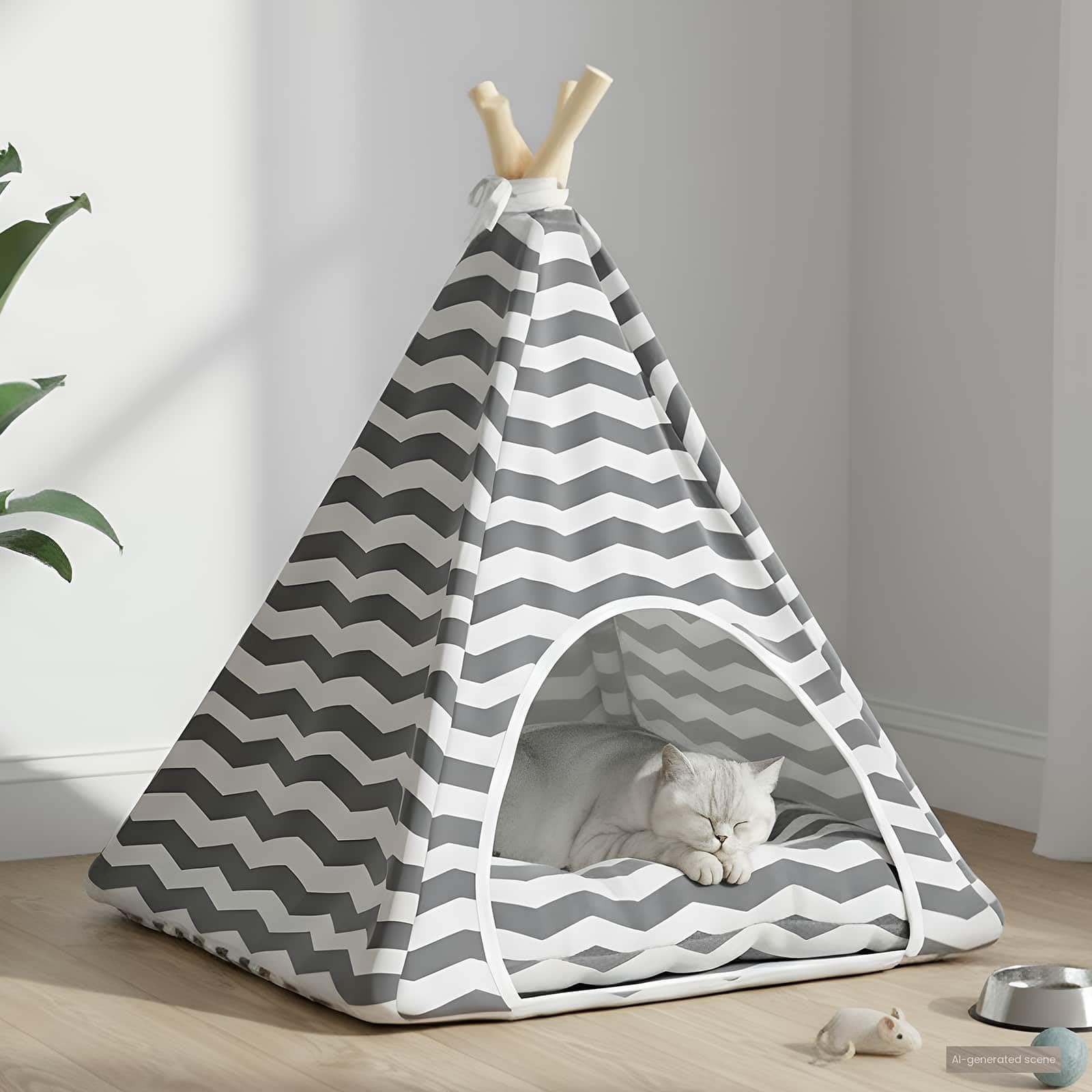 Tipi para mascotas con cojín blanco y gris, 50 x 50 x 60 cm, cueva para gatos, cesta para gatos, cojín para gatos, cama acogedora con estaca de madera de pino para gatos y perros pequeños