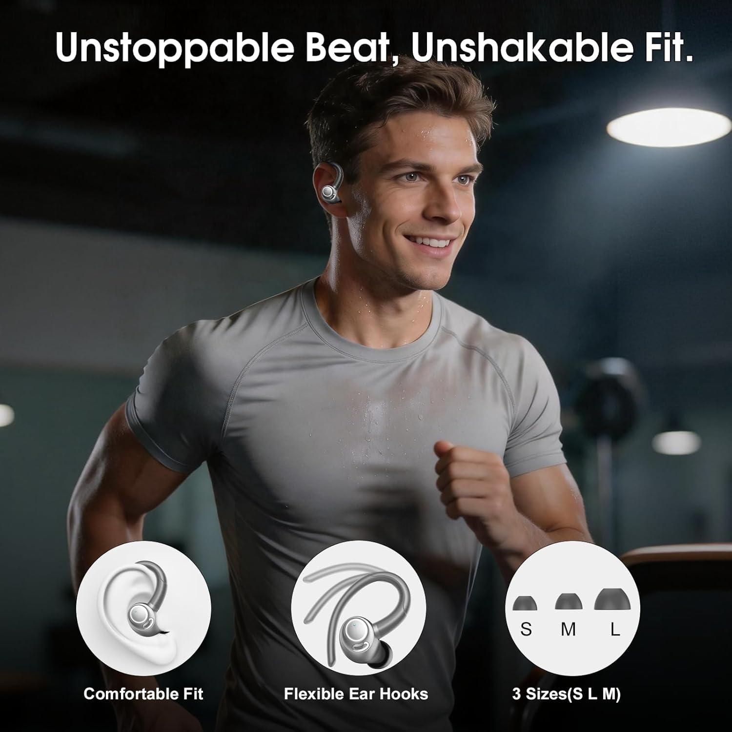 Csasan Auriculares inalámbricos Deportivos, Cascos Sonido Premium Gris | 48H Bluetooth 5.3 Auriculares con HD Micrófono y Pantalla LED, Diseño de Gancho de Aire, iOS Android para Deportes/Fitness