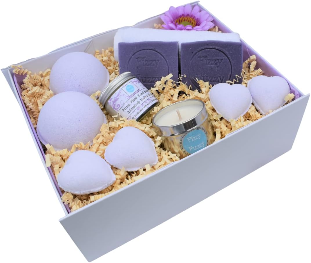 Parma Violet Deluxe Gift Set Bath Bombs,Soap,Candle.Handmade by Fizzy Fuzzy.