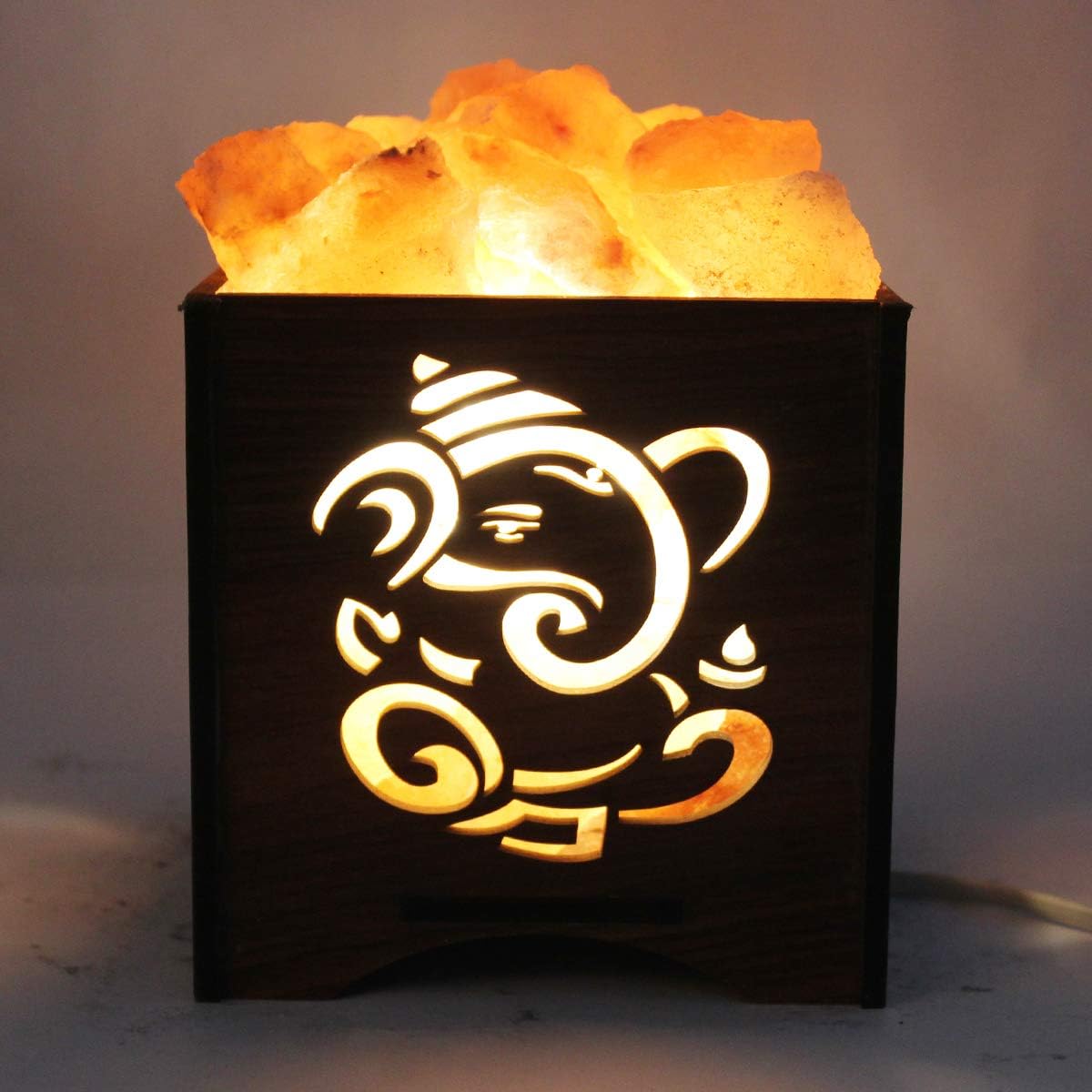 Global Aroma Ganesha Wooden Brown Basket Himalayan Rock Salt Lamp for Positive Energy, Vastu, Healing, Harmony, Purification, Best Wellness