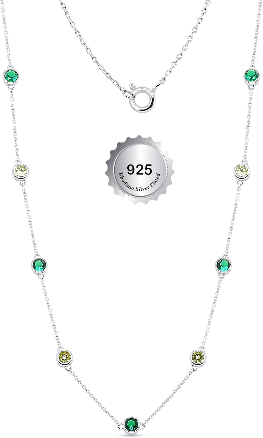 1.25 CTTW Round Lab-Created Multi-Gemstone Station Necklace in 925 Sterling Silver with 14K White Gold Plating, Colorful Dainty Layering Necklace, 18" Chain, Minimalist Jewelry Gift for Women