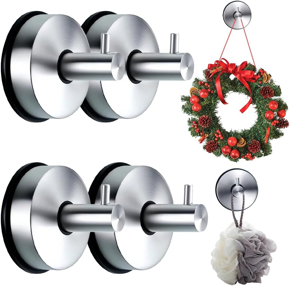 Suction Cup Hooks for Door Wreaths on Glass, 2025 New Suction Cup Hooks for Shower, No Drill Wreath Hanger Holder for Front Door, Towel Hooks for Window Bathroom Mirrors Christmas (4Pcs Silver)