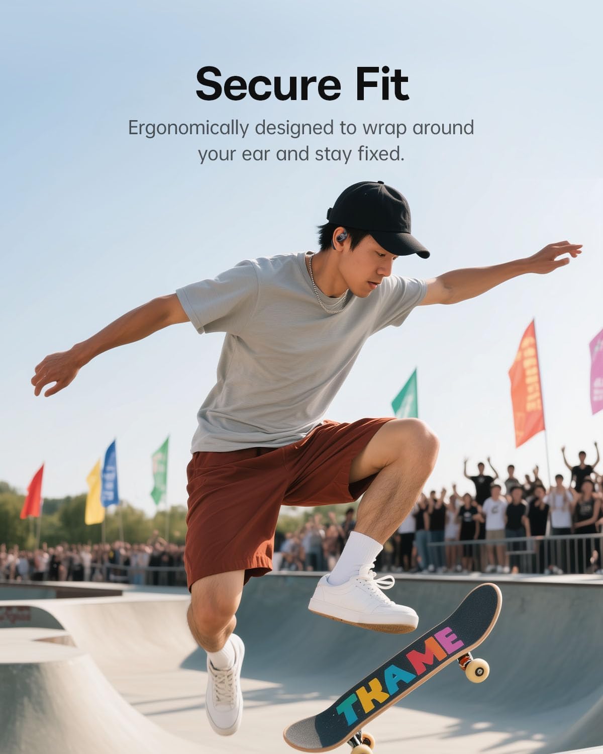 Man skateboarding while wearing Baseus Eli 2i Fit headphones, demonstrating a secure fit during active movement
