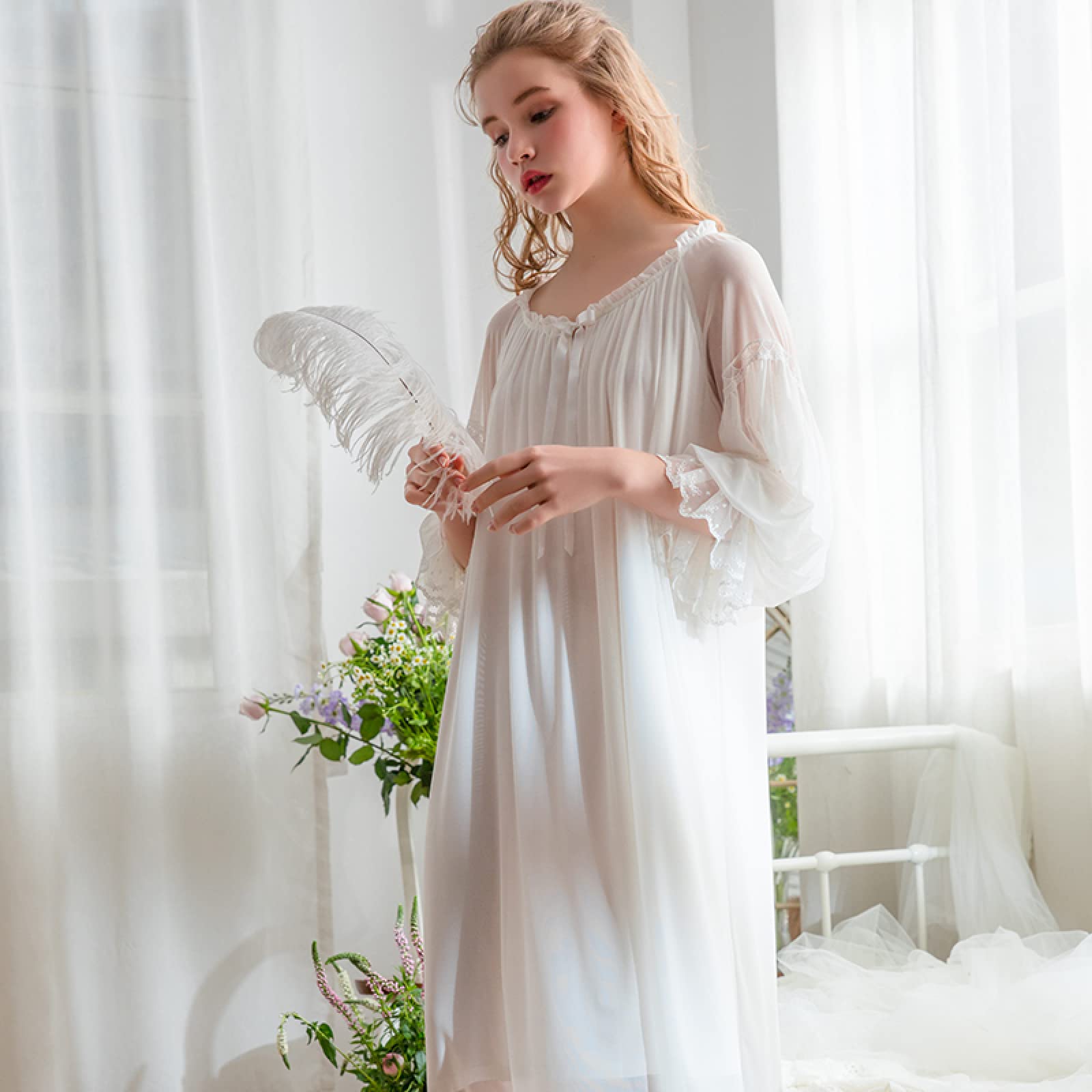 OFFSUM Camicia da Notte Donna - Abito da Notte Vintage con Scollo Rotondo Tinta Unita Bowknot Elegante Principessa Casual Primavera Estate Camicia da Notte Abito da Notte