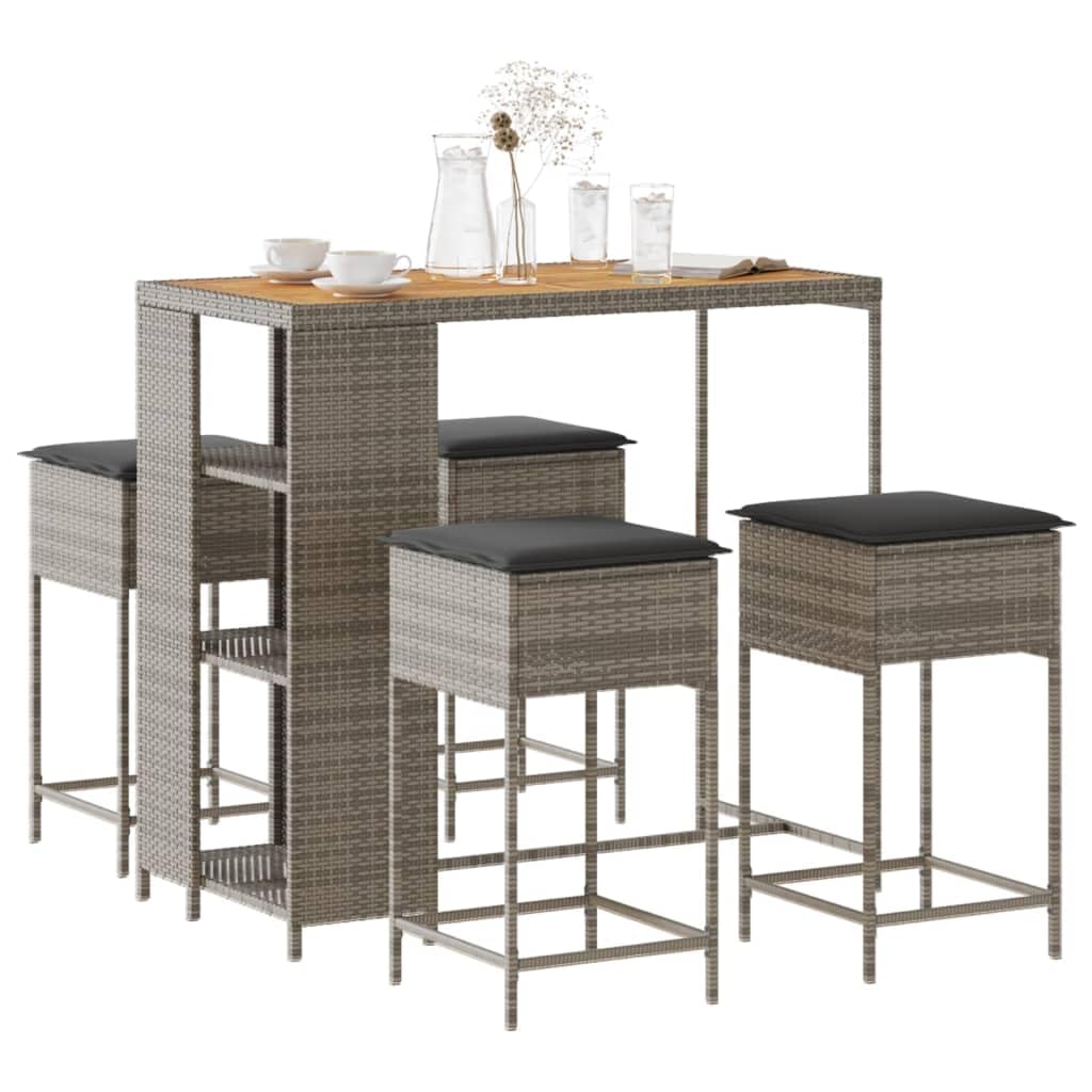 Juego de Bar de jardín de 5 Piezas con Cojines Gris ratán PE Resistente para terraza Patio Exterior con Mesa Madera Acacia y taburetes Acero para Ocio y reunión al Aire Libre