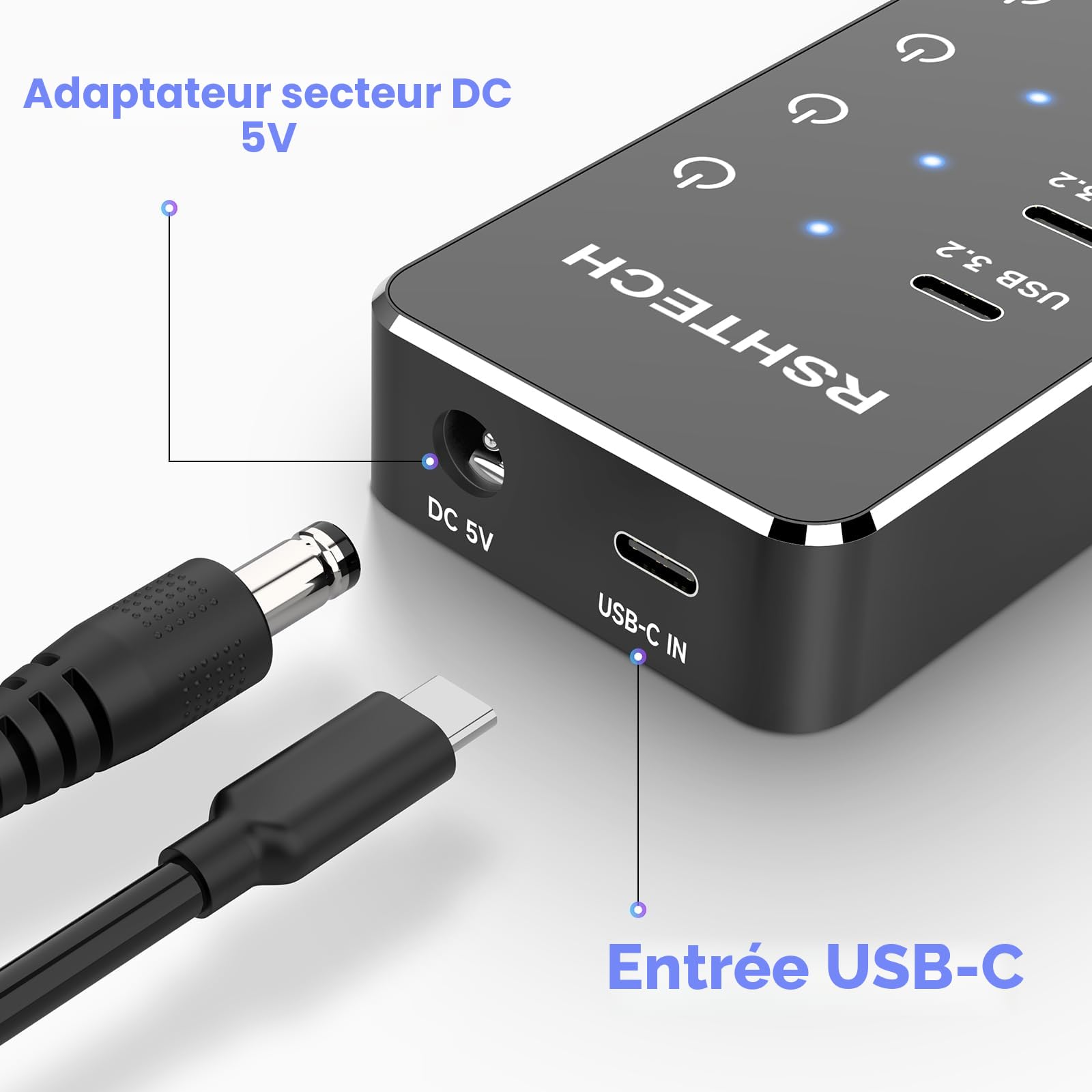 Hub USB Alimenté, RSHTECH Hub USB 3.2/USB C à 7 Ports avec 3*10Gbps Data Port (USB-A, 2*USB-C), 4*5Gbps USB 3.0 Ports, Touch Switch, 2-in-1 Data Cable (100cm), Adaptateur Alimentation 5V, RSH-ST07C