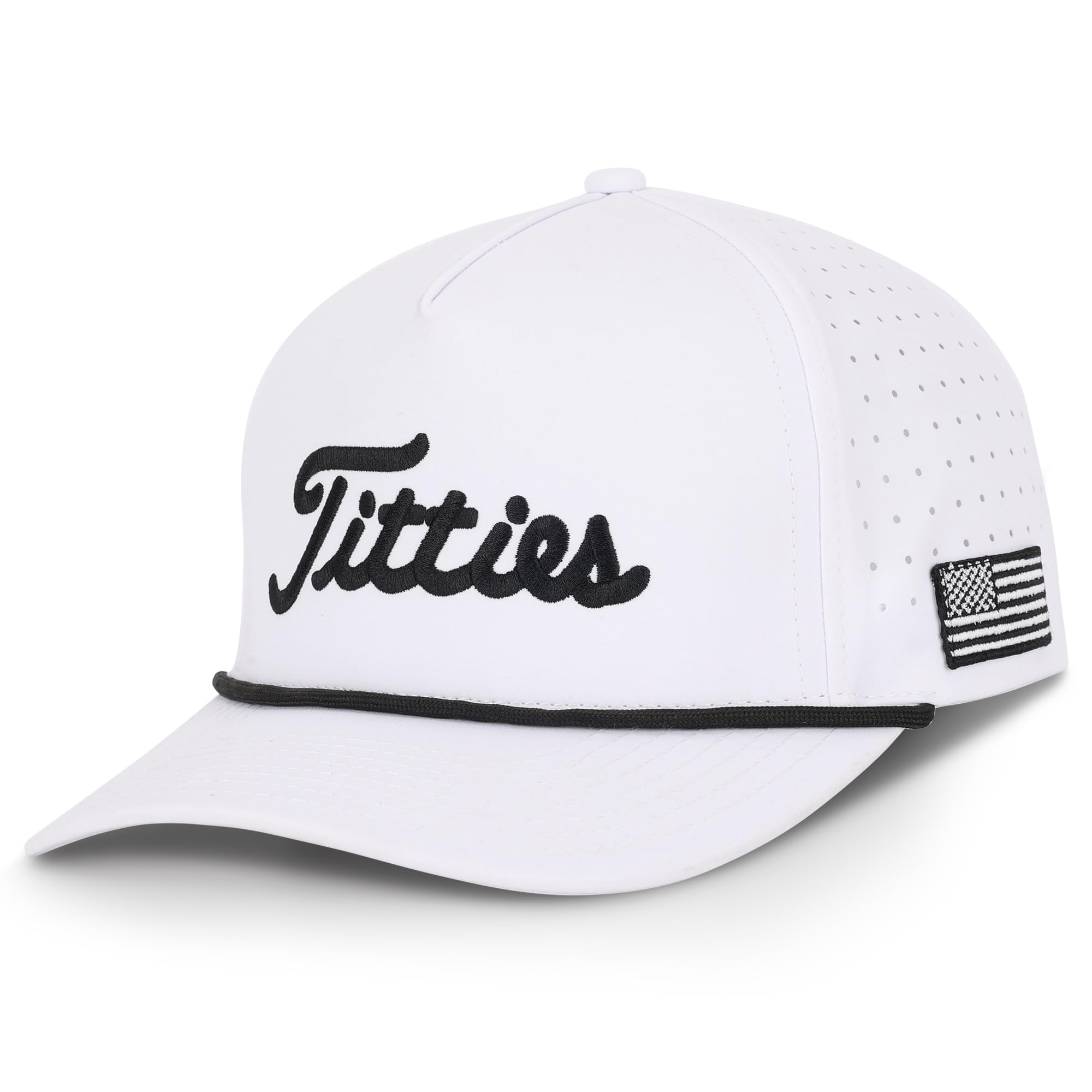 Curves &amp; Clubs Titties Golf Hat, Funny Rope Snapback for Men with USA Flag, Breathable Performance Golf Cap
