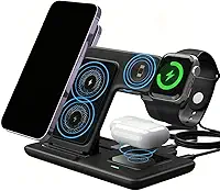 Suporte de carregamento rápido sem fio 3 em 1, suporte dobrável para celular, smartwatch, fone de ouvido, suporte de mesa para vários dispositivos (preto)